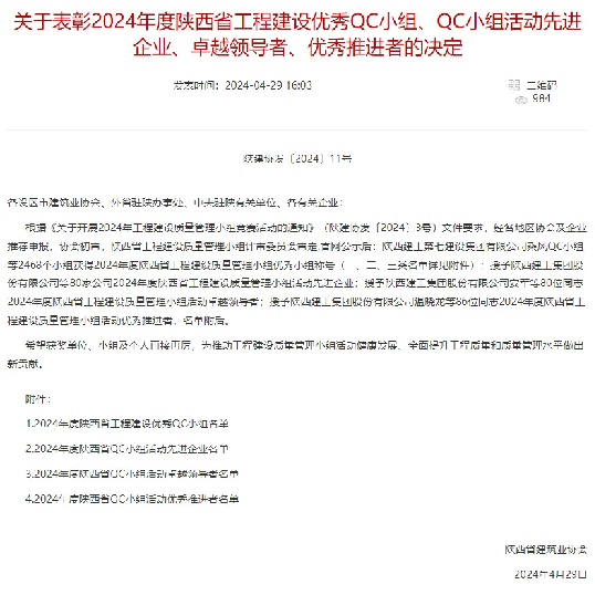 喜報！陝西建築産業投資集團QC成果在(exist)陝西省工程建設質量管理小組競賽中斬獲佳績